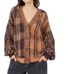 Free People Sepia Plaid Jacquard Oversized Cardigan Brown Size Small OB1530739